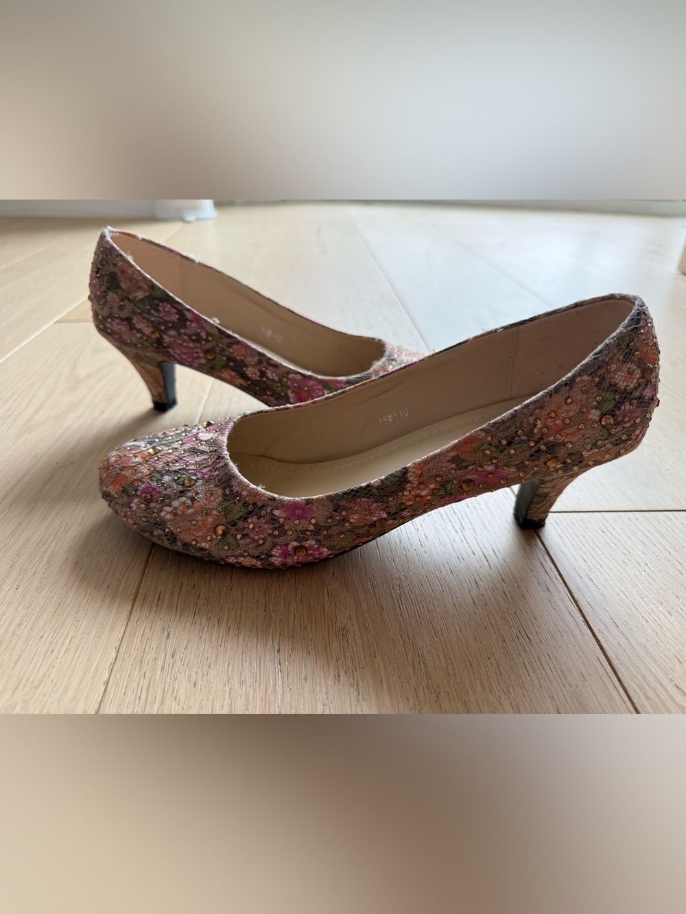 Floral Lace Embellished Heels | Vintage Romantic Kitten Heels Beaded Worn Once